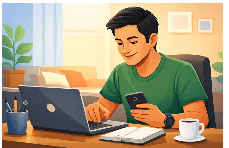 Young man using smartphone and laptop at home for online learning and digital support services.