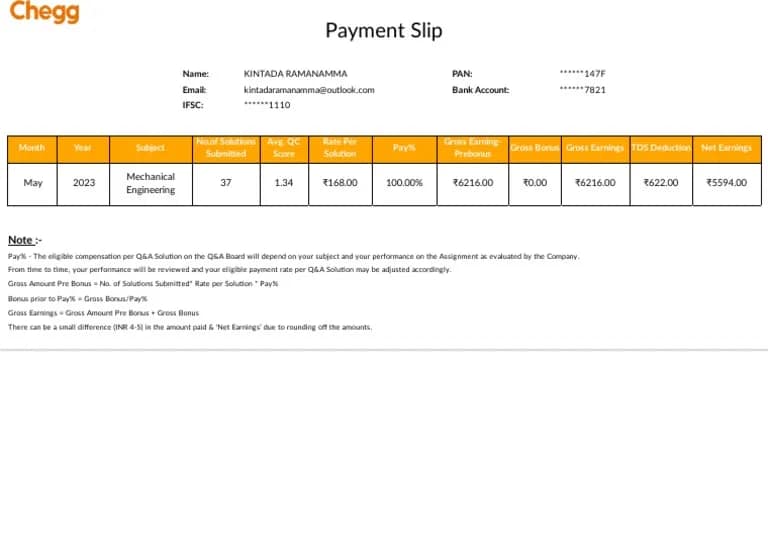 Chegg India online earning app payment proof for students