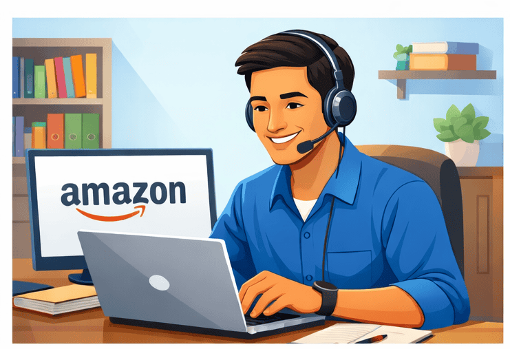 Professional Amazon seller support agent with headset assisting online customer.